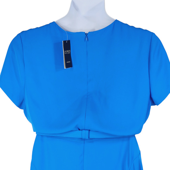 LRL Ralph Lauren Midi Sheath Dress sz 18 Women Blue Belted Keyhole Neck NEW READ - Picture 5 of 13